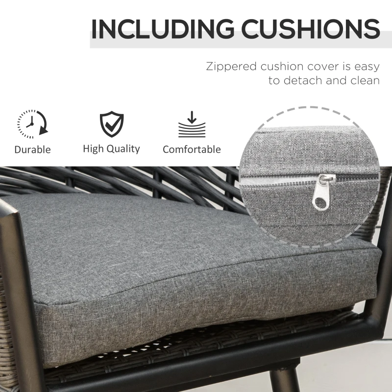 Best 3 Pieces Rattan Bistro Set, Wicker Garden Furniture Set with Round Glass Top Coffee Table and Chairs, Washable Cushions for Outdoor, Patio, Balcony, Grey - Image 6