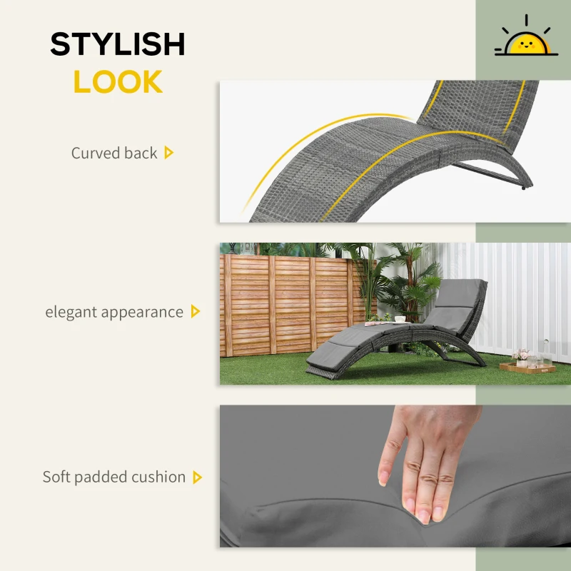 Best Outdoor Foldable PE Rattan Sun Lounger with Soft Padded Cushion, Ergonomic Curved Design Sun Bed for Balcony, Garden, Grey - Image 5