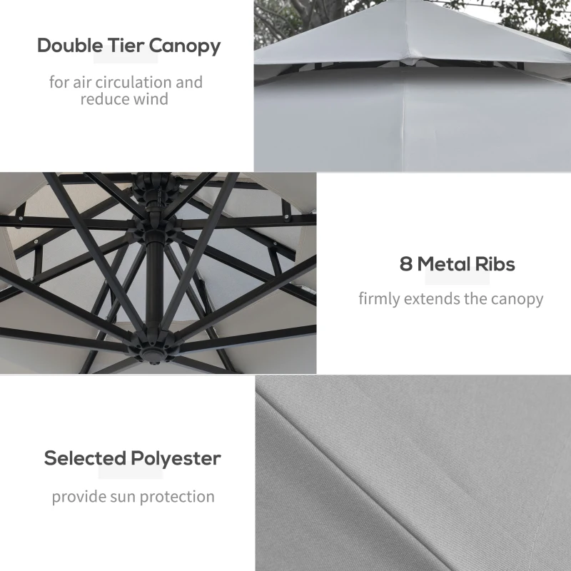 Best 3(m) Cantilever Banana Parasol Hanging Umbrella with Double Roof, LED Solar lights, Crank, 8 Sturdy Ribs and Cross Base for Outdoor, Garden, Patio, Light Grey - Image 6