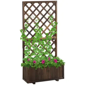 Best 72.5 x 31.5 x 149.5 cm 45L Garden Wooden Pine Trough Planter with Topped Trellis Climbing Plants Flower Raised Bed, Carbonised Finish