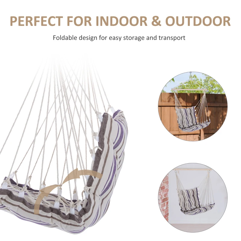 Best Outdoor Hanging Rope Chair with Soft Padded Seat & Backrest, Garden Hammock Chair with Wooden Support Bar Cotton Cloth, Portable Garden Chair for Patio & Tree, Brown - Image 6