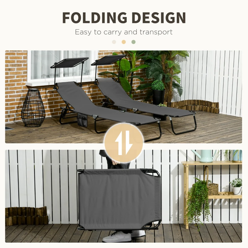Best Set of Two Folding Sun Loungers, with Adjustable Backs and Sun Canopies - Grey - Image 6