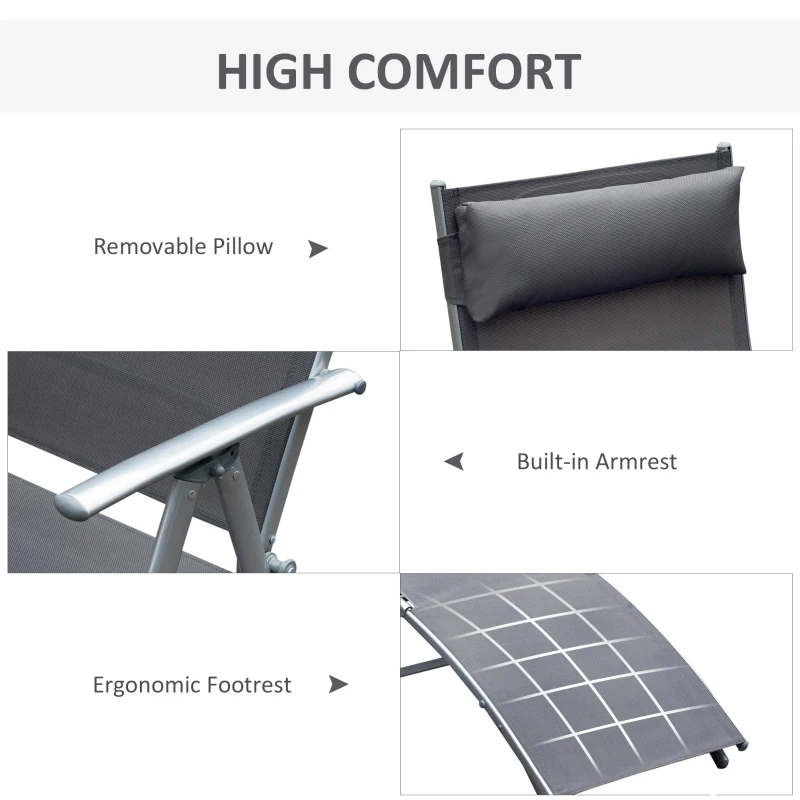 Best Sun Lounger Steel Frame Outdoor Folding Chaise Texteline Lounge Chair Recliner with Headrest & 7 Levels Adjustable Backrest, Grey - Image 5