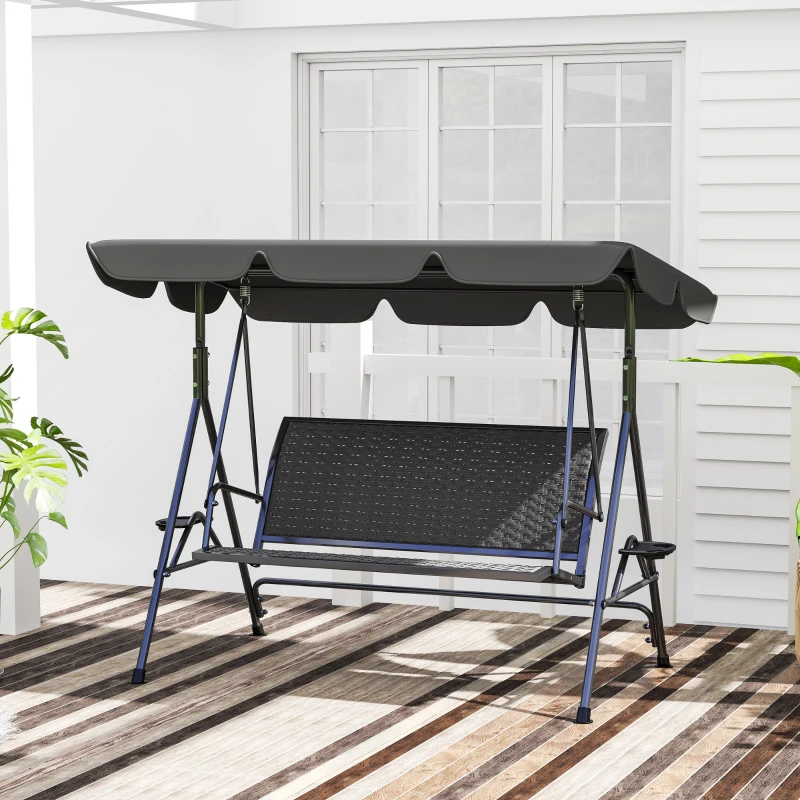 Best 3 Seater Swing Chair, Garden Swing Seat Bench with Adjustable Canopy, Rattan Seat and Steel Frame for Patio, Yard, Grey - Image 8