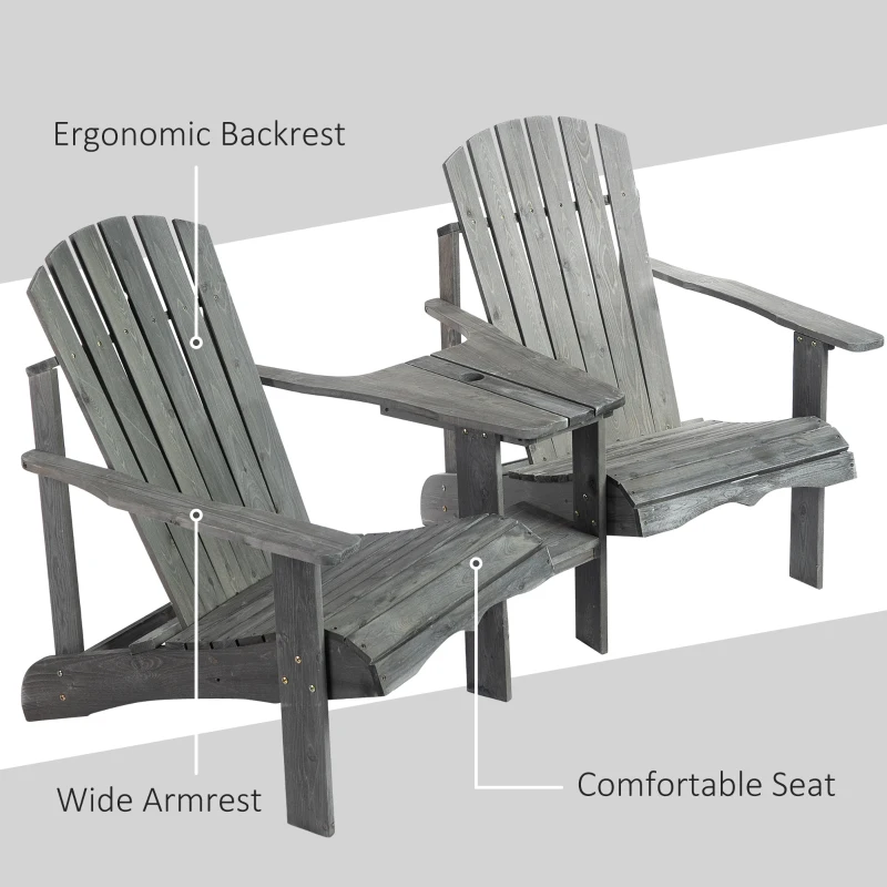 Best Wooden Outdoor Double Adirondack Chairs Loveseat w/ Centre Table and Umbrella Hole, Garden Patio Furniture for Lounging and Relaxing, Grey - Image 5
