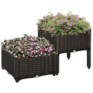 Best Set of 2 26L Garden Raised Bed Elevated Patio Flower Plant Planter Box PP Vegetables Planting Container, Brown