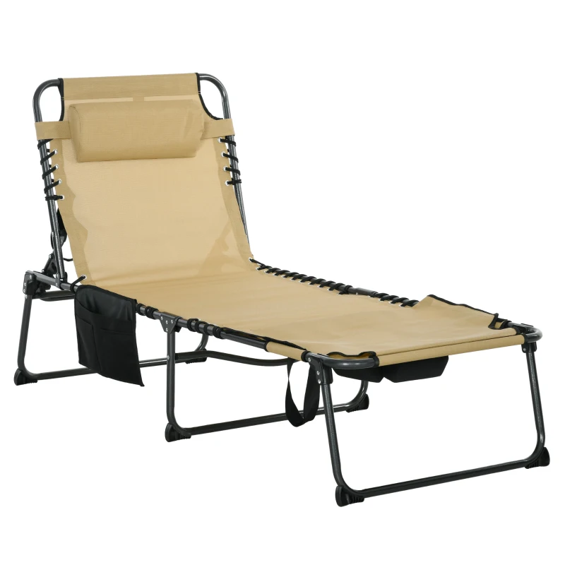 Best Folding Sun Lounge with 5-level Reclining Back, Outdoor Tanning Chair with Reading Hole, Outdoor Sun Lounge with Side Pocket, Headrest, for Beach, Yard, Patio, Beige