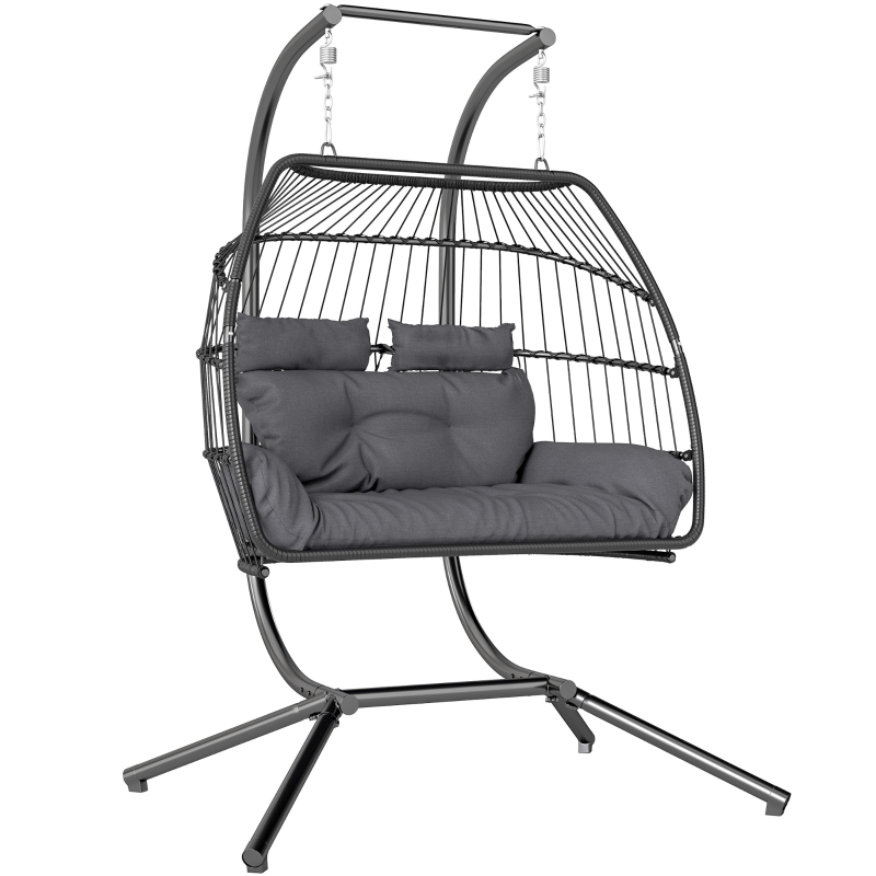 Best Rattan Double Hanging Egg Chair with Stand, Foldable Wicker Swing Egg Chair with Cushion, Head Pillows, Steel Frame, Hammock Chair for Indoor Outdoor, Capacity 260 kg, Dark Grey - Image 10