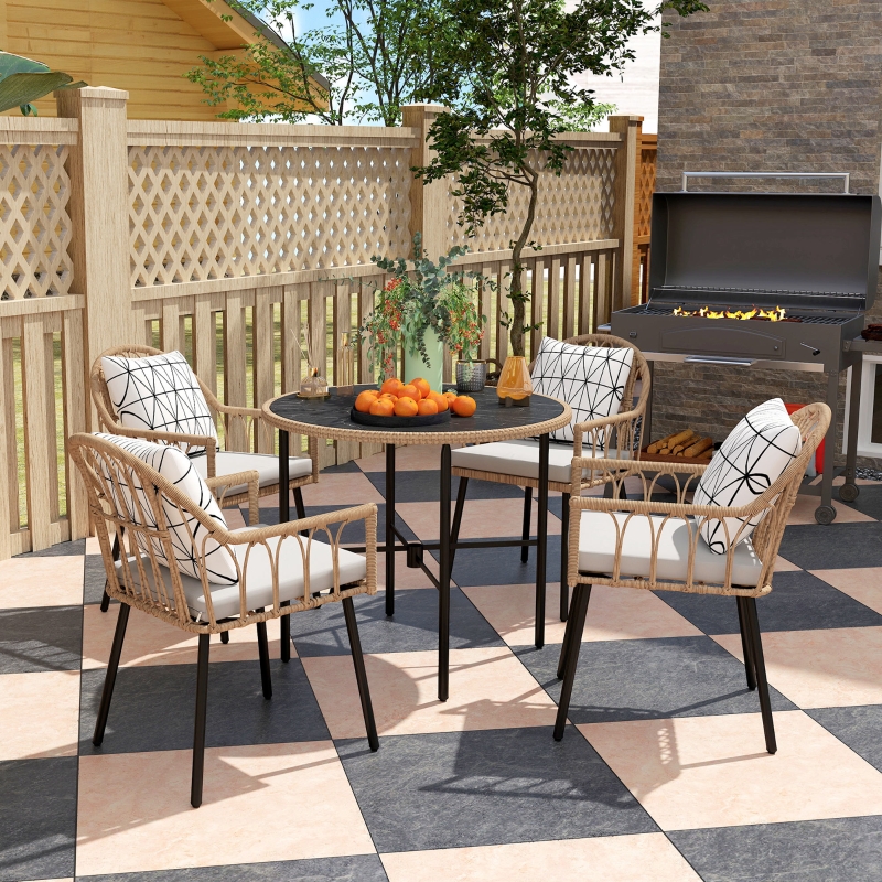 Best 5 Piece Patio Rattan Dining Set, Wicker Garden Table and Chairs w/ Removable Seat & Back Cushions, Round Tempered Glass Tabletop, Parasol Hole, Outdoor Furniture Conservatory Set, Light Brown - Image 9