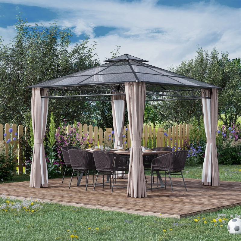 Best 3 x 3 (m) Outdoor Polycarbonate Gazebo, Double Roof Hard Top Gazebo with Galvanised Steel Frame, Nettings & Curtains for Garden, Lawn, Patio and Deck, Khaki - Image 2