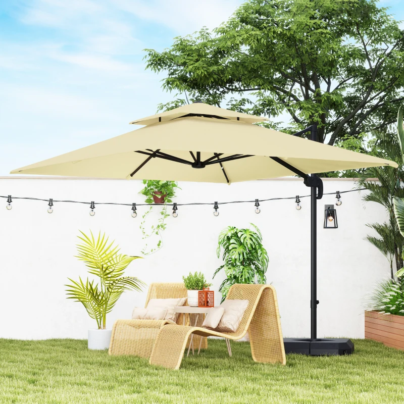 Best 2.7 x 2.7(m) Cantilever Parasol with Aluminium Frame, Crank and Tilt, 360° Rotation, Double Top Garden Umbrella with Base and Cover, Khaki - Image 2