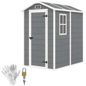Best 4 x 6ft Garden Shed, Plastic Shed with Floor, Window, Lockable Door and Vents, Resin Tool Shed for Outdoor Patio Storage, Zero Maintenance, Grey