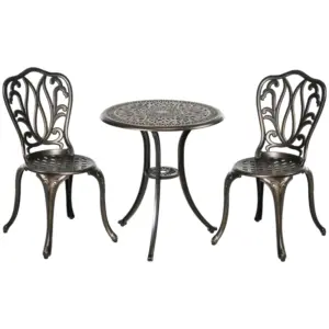 Best 3 Piece Garden Bistro Set Aluminium Outdoor Furniture Set for 2 Patio Chairs and Table with Umbrella Hole Bronze Tone