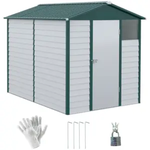 Best 9x 6FT Metal Outdoor Garden Shed, Galvanised Tool Storage Shed w/ Sloped Roof, Lockable Door for Patio Lawn, Green