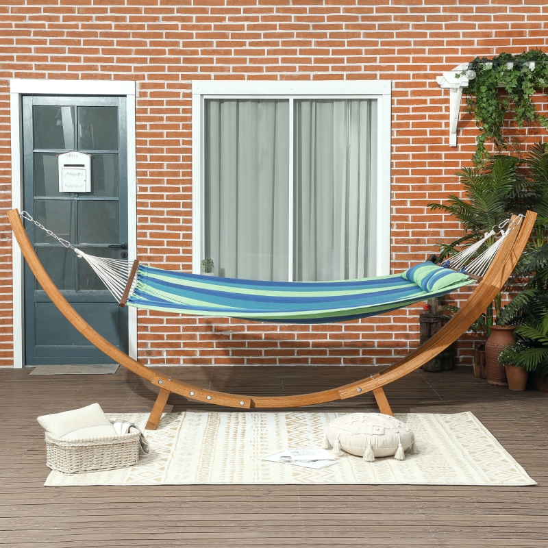 Best Outdoor Hammock with Stand, Garden Hammock with Triple-Head Eucalyptus Wood Arc Frame, 1 Person Cotton Bed and Head Pillow, Freestanding Garden Swing Bed for Patio, Blue Stripe - Image 9
