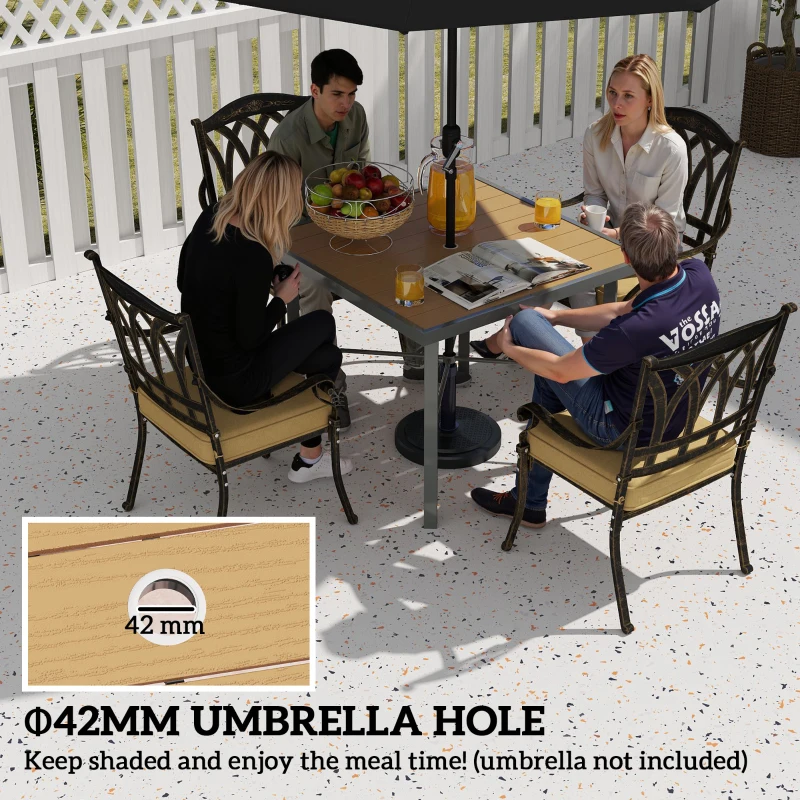 Best Garden Table, 90cm Square Outdoor Patio Dining Table with 4.2 cm Umbrella Hole, Metal Frame, Wood Effect Top, for Terrace, Balcony, Natural Wood Finish - Image 5
