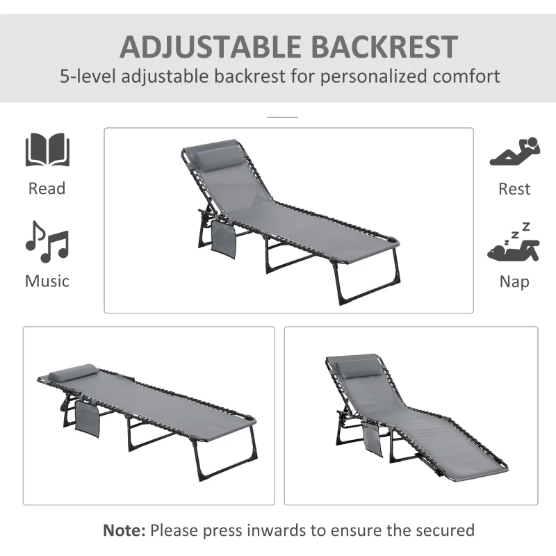 Best Portable Sun Lounger Set of 2, Folding Camping Bed Cot, Reclining Lounge Chair 5-position Adjustable Backrest with Side Pocket, Pillow for Patio Garden Beach Pool, Grey - Image 4