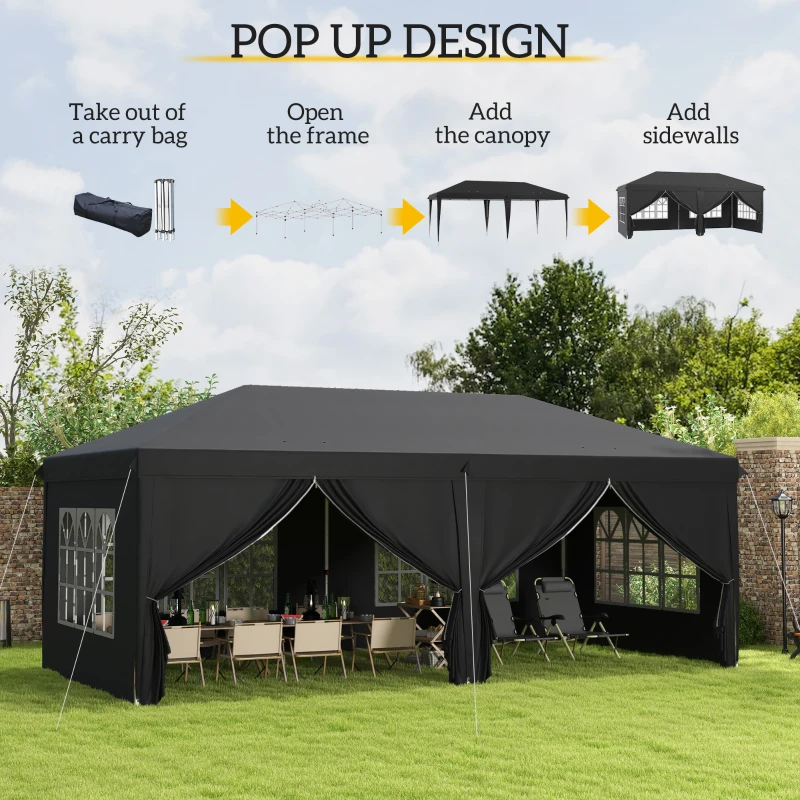 Best 3 x 6 m Pop Up Gazebo with Sides and Windows, Height Adjustable Wedding Camping Party Tent Canopy Marquee with Storage Bag for Garden, Event, Black - Image 4