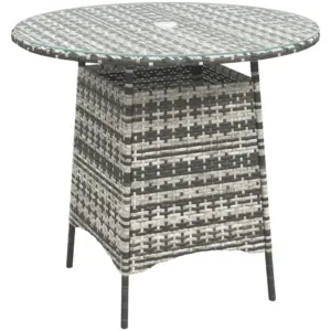 Best Wicker Garden Rattan Table, Patio Furniture Outdoor Coffee Table with Umbrella Hole and Tempered Glass Top, Grey