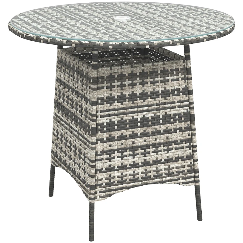 Best Wicker Garden Rattan Table, Patio Furniture Outdoor Coffee Table with Umbrella Hole and Tempered Glass Top, Grey