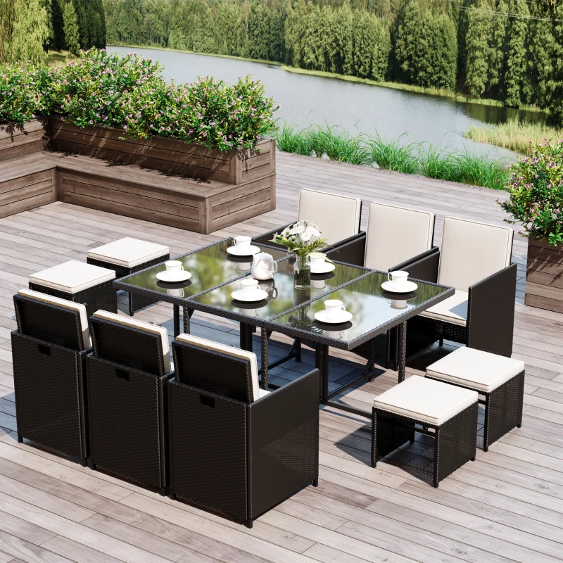 Best Rattan Dining Set Garden Furniture Patio set 11 PC with Cushion Black /Milk White - Image 2