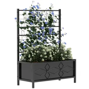 Best Raised Bed for Garden with Trellis, Galvanised Planter Box with Diamond Pattern, Drainage Holes for Vegetables, Herbs and Flowers, 90 x 40 x 120 cm, Black