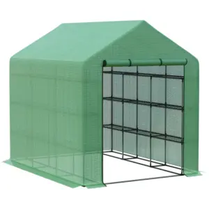 Best Walk-in Greenhouse with 4 Tier 24 Shelves, Portable Grow House with Roll-up Zipped Door, 244 x 180 x 210cm, Green