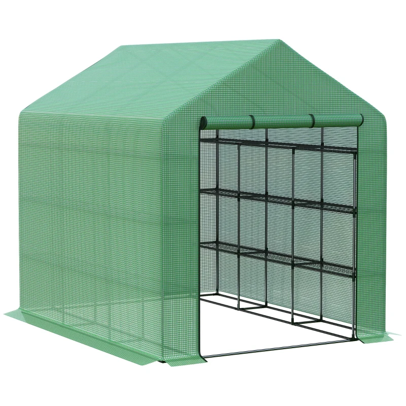 Best Walk-in Greenhouse with 4 Tier 24 Shelves, Portable Grow House with Roll-up Zipped Door, 244 x 180 x 210cm, Green