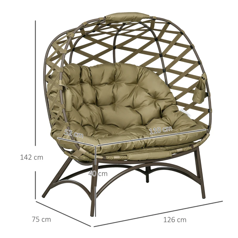 Best 2 Seater Egg Chair Outdoor, Folding Weave Garden Furniture Chair with Cushion, Cup Pockets - Khaki - Image 3