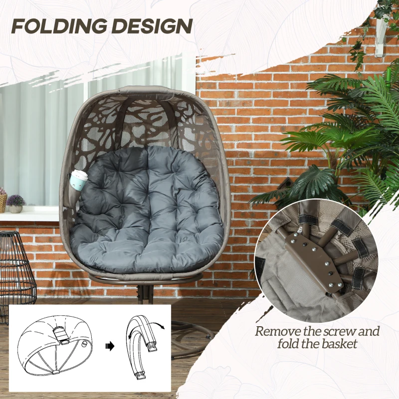 Best Swivel Egg Chair with Cushions, Foldable Basket Seat and Metal Frame, Indoor Outdoor Lounge Chair for Balcony, Patio and Living Room, Grey - Image 6