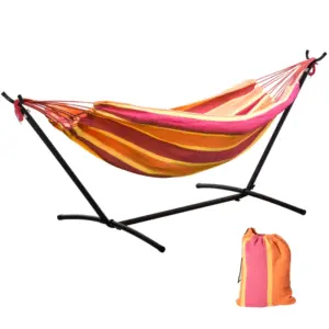 Best 298 x 117cm Hammock with Stand Camping Hammock with Portable Carrying Bag, Adjustable Height, 120kg Load Capacity, Red Stripe