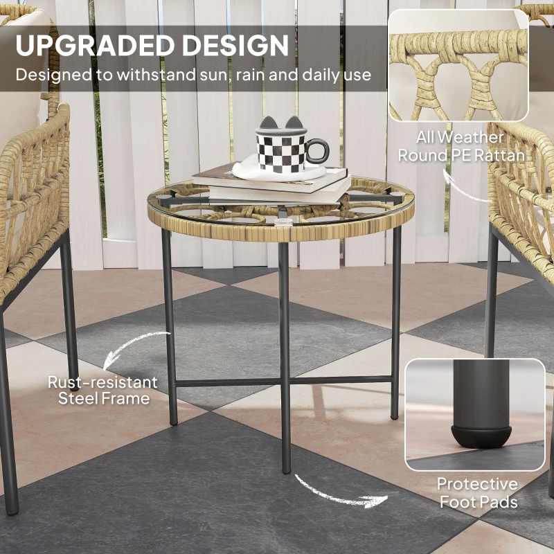 Best 3 Piece Rattan Bistro Set, Wicker Garden Furniture Set with Cushions, Glass Top Coffee Table and Chairs for Outdoor, Patio, Balcony, Beige - Image 4