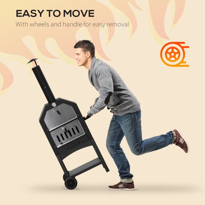 Best Outdoor Garden Pizza Oven Charcoal BBQ Grill 3-Tier Freestanding w/ Chimney, Mesh Shelf, Thermometer Handles, Wheels Garden Party Gathering Stainless Steel Cooker - Image 4