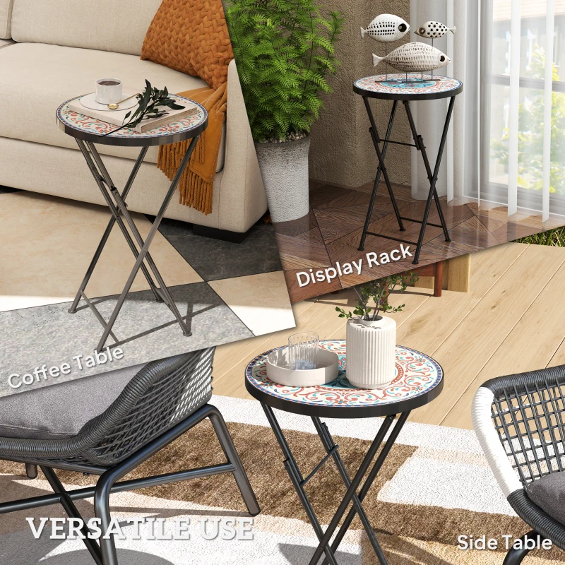Best Mosaic Outdoor Garden Table, 35.5cm Round Folding Coffee Table with Metal Frame for Balcony Terrace, Multicolour - Image 7
