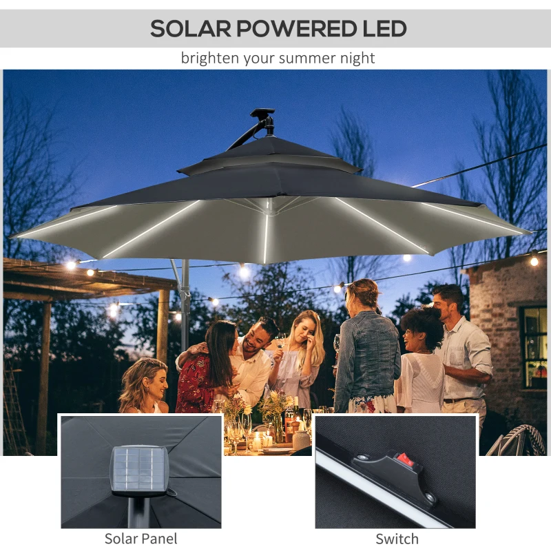 Best 3(m) Cantilever Banana Parasol Hanging Umbrella with LED Solar lights, Crank, 8 Sturdy Ribs and Cross Base for Outdoor, Garden, Patio, Black - Image 4