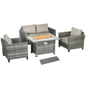 Best 5-Piece Rattan Patio Furniture Set with Gas Fire Pit Table, Loveseat Sofa, Armchairs, Cushions, Pillows, Grey