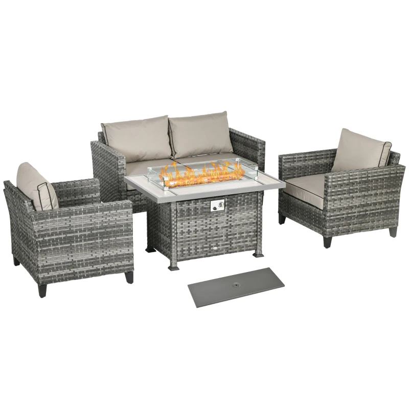 Best 5-Piece Rattan Patio Furniture Set with Gas Fire Pit Table, Loveseat Sofa, Armchairs, Cushions, Pillows, Grey