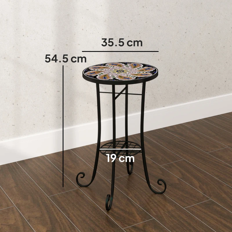 Best Mosaic Garden Table, 35.5 cm Round Outdoor Table with Shelf, Ceramic Tile Top, Small Garden Side Table Bistro Table End Table Plant Stand for Indoor, Patio, Balcony, Orange - Image 3