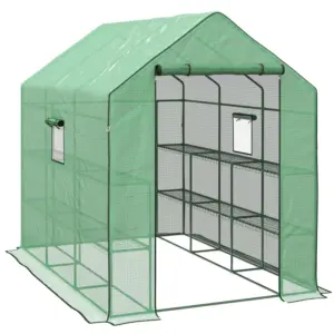 Best Walk-in Greenhouse with 3 Tier 12 Shelves, Small Greenhouse with Reinforced PE Cover, Garden Plant Growhouse with Roll-up Door and Three Mesh Windows, 140 x 213 x 190 cm, Green