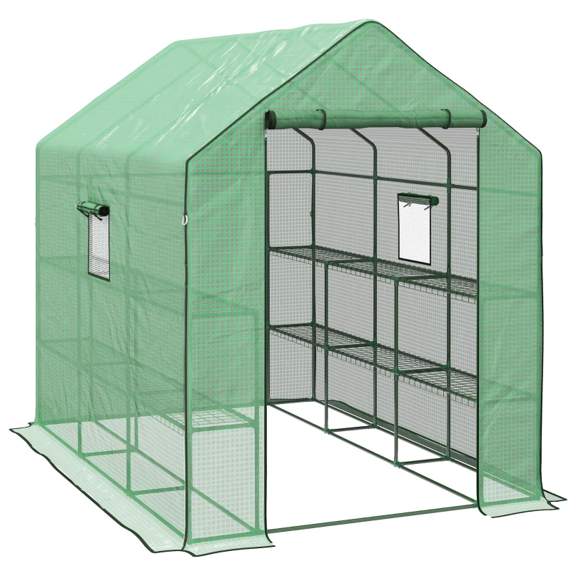 Best Walk-in Greenhouse with 3 Tier 12 Shelves, Small Greenhouse with Reinforced PE Cover, Garden Plant Growhouse with Roll-up Door and Three Mesh Windows, 140 x 213 x 190 cm, Green