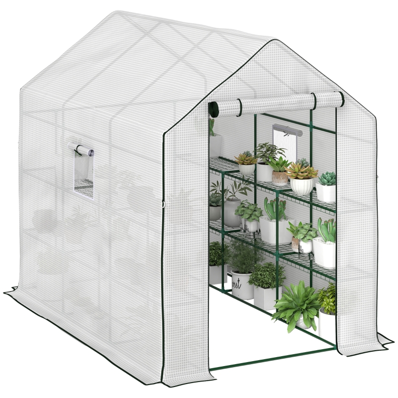 Best Walk-in Greenhouse with 3 Tier 12 Shelves, Small Greenhouse with Reinforced PE Cover, Garden Plant Growhouse with Roll-up Door and Three Mesh Windows, 140 x 213 x 190 cm, White - Image 10