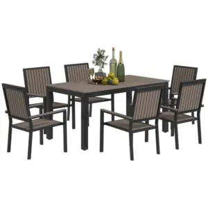 Best 6 Seater Garden Dining Set with Stackable Chairs, Aluminium Frame, Rectangular Plastic Top, Garden Furniture Set, Outdoor Dining Table and Chairs for Patio, Balcony, Poolside, Brown