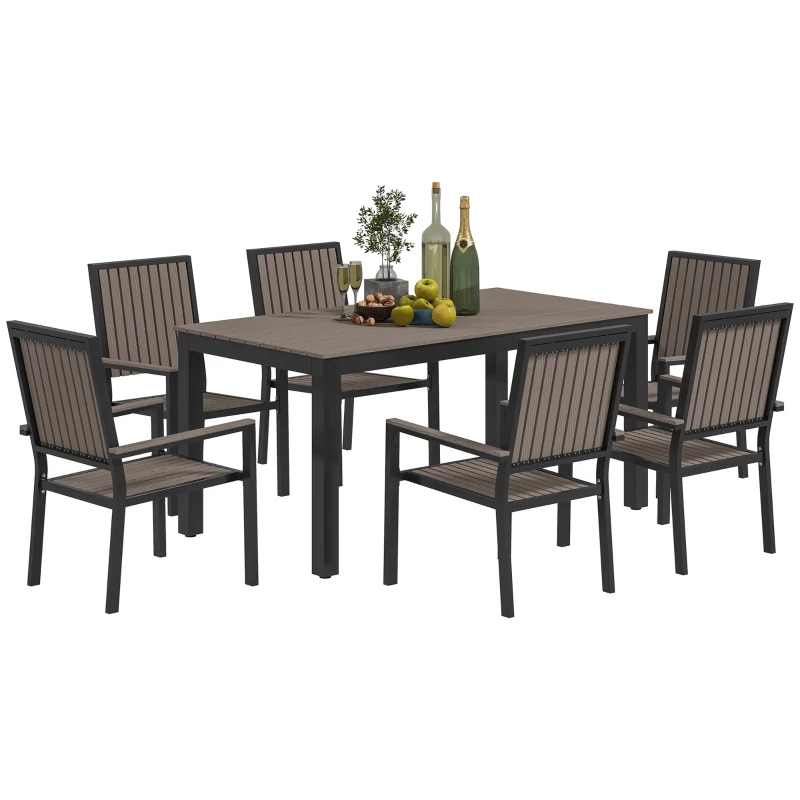 Best 6 Seater Garden Dining Set with Stackable Chairs, Aluminium Frame, Rectangular Plastic Top, Garden Furniture Set, Outdoor Dining Table and Chairs for Patio, Balcony, Poolside, Brown