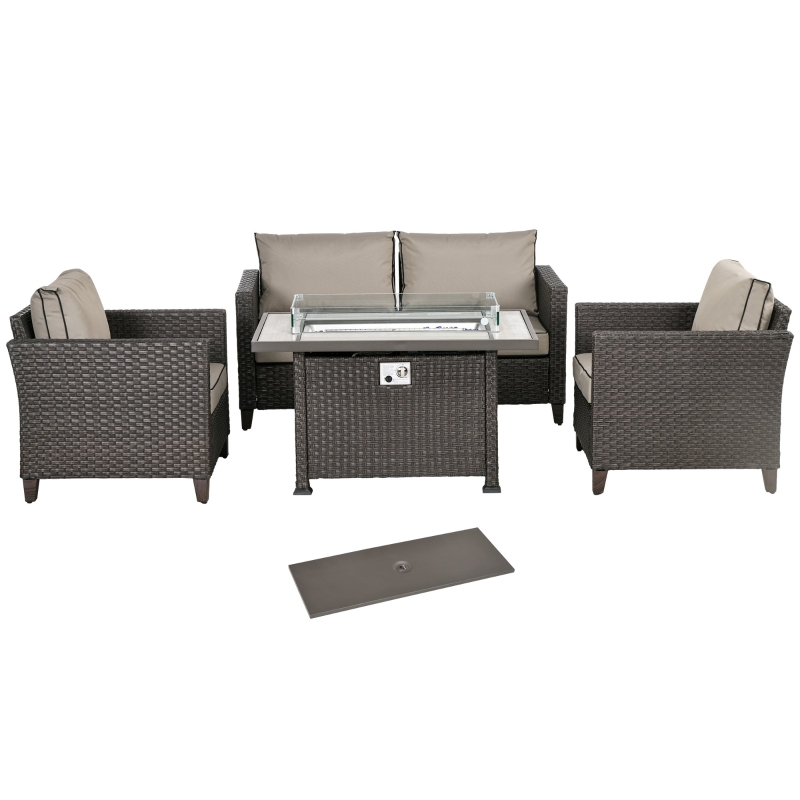 Best 5-Piece Rattan Patio Furniture Set with Gas Fire Pit Table, Loveseat Sofa, Armchairs, Cushions, Pillows, Dark Brown - Image 11