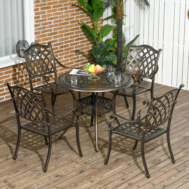 Best 5-Piece Outdoor Furniture Dining Set, Cast Aluminum Conversation Set Includes 4 Chairs and Φ90cm Round Table with Φ50mm Umbrella Hole for Patio Garden Deck, Flower Design - Image 2