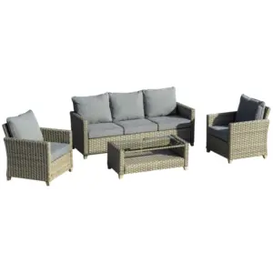 Best 4 Pieces Patio Wicker Sofa Set, Outdoor PE Rattan Sectional Conversation Aluminium Frame Furniture Set w/ Padded Cushion & 2-Tier Tea Table, Brown