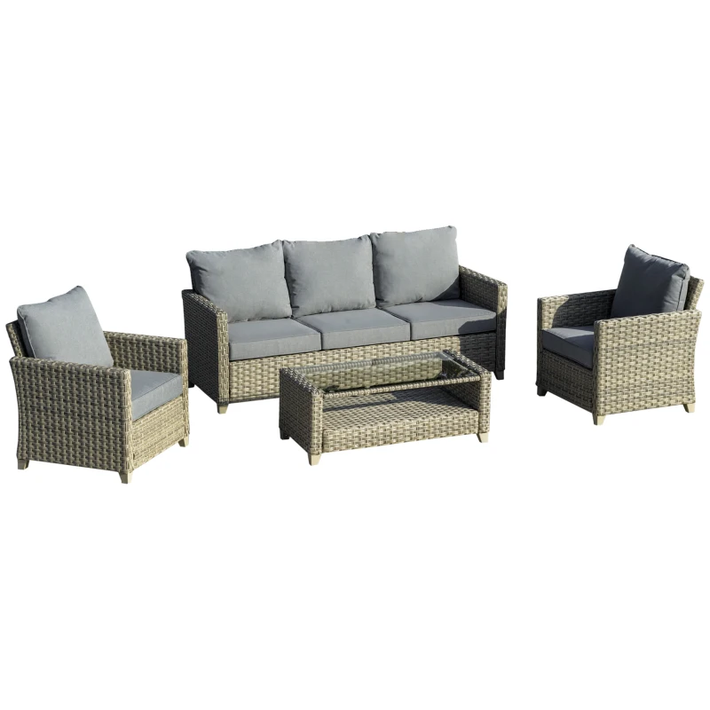 Best 4 Pieces Patio Wicker Sofa Set, Outdoor PE Rattan Sectional Conversation Aluminium Frame Furniture Set w/ Padded Cushion & 2-Tier Tea Table, Brown