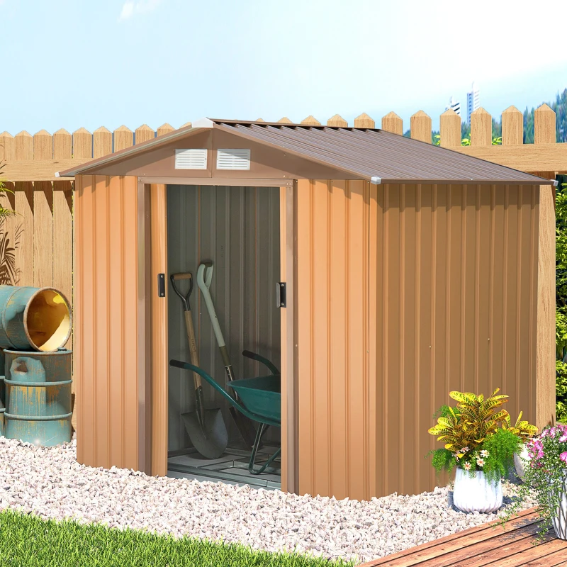 Best 7 x 4ft Lockable Metal Garden Tool Storage Shed Storage - Light Brown - Image 2