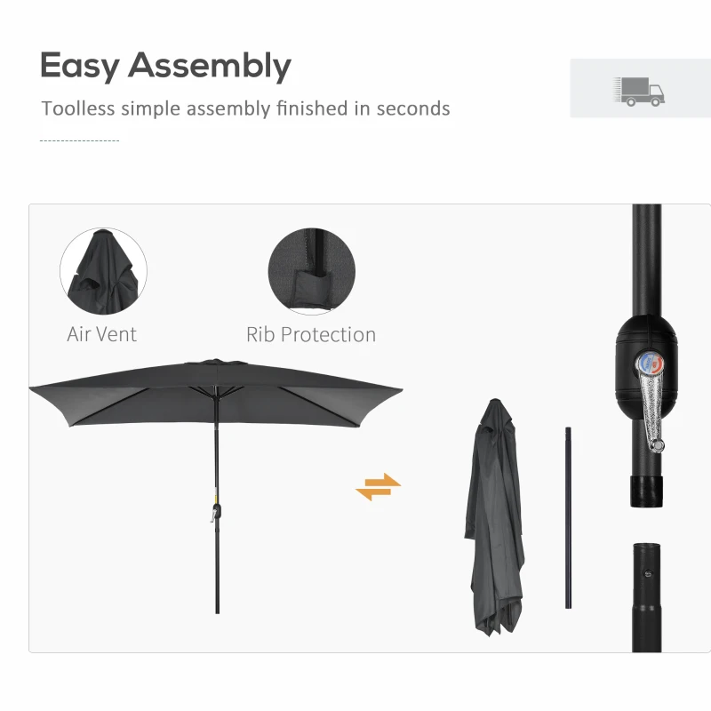 Best 3x2m Patio Parasol Garden Umbrellas Canopy with Aluminium Tilt Crank Rectangular Sun Shade Steel, Black - Image 6