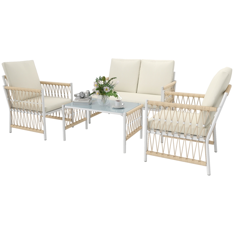 Best 4 Piece Rattan Garden Furniture Set, 4 Seater Wicker Patio Conversation Set with 2 Armchairs, Loveseat, Glass Top Coffee Table and Cushions for Outdoor, Balcony, Khaki - Image 11